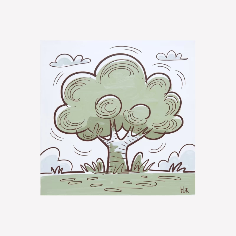Whimsical Cartoon Tree in a Simple Green Landscape Female T-Shirt