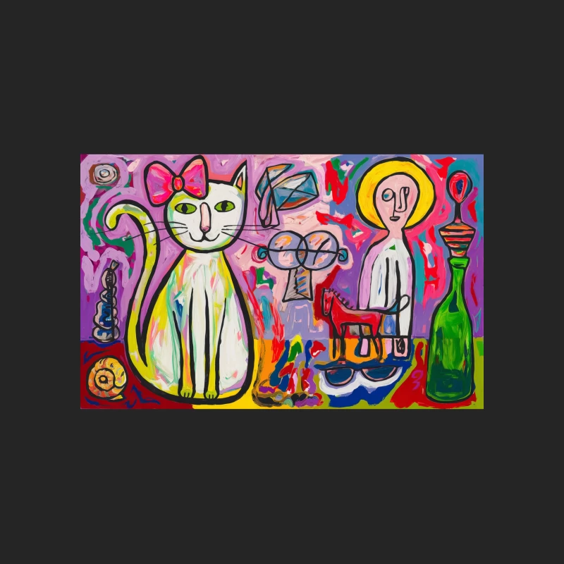 Vibrant Abstract Painting with Cat and Surreal Figures Male Pullover Sweatshirt