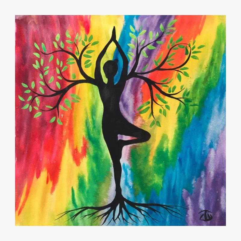 Vibrant Tree Pose: Yoga Silhouette Amidst Rainbow Nature Pin