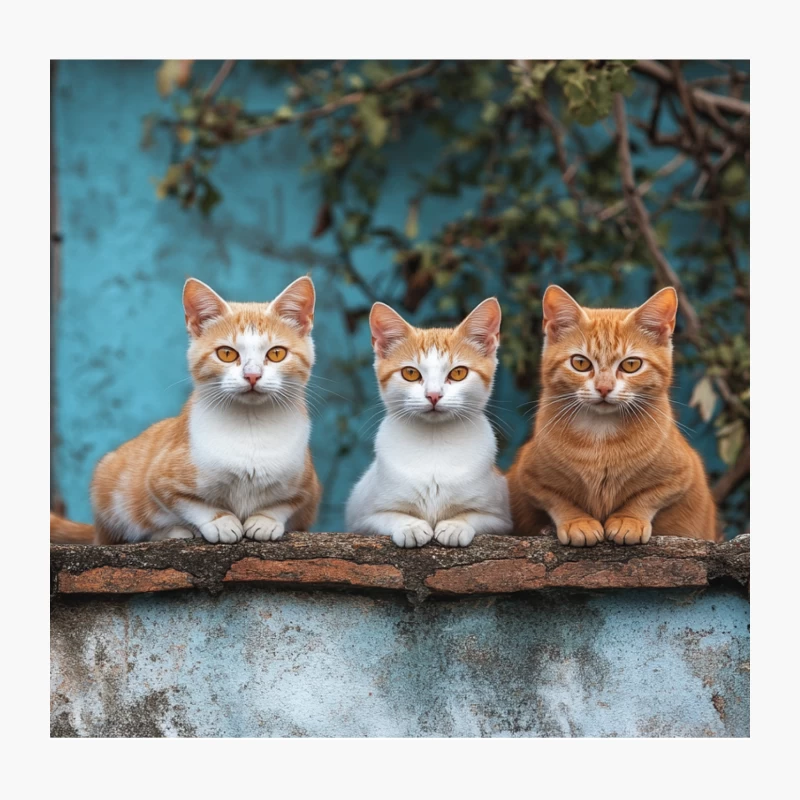 Feline Friends: A Charming Quartet of Cats Posing on a Wooden Fence Throw Pillow