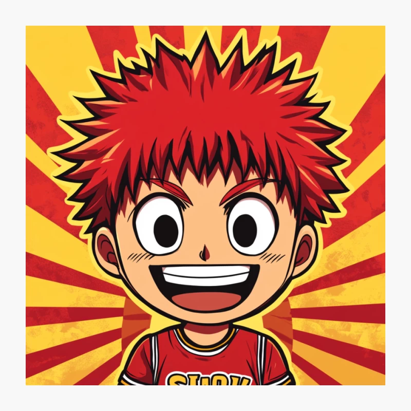 Cheerful Anime Character with Red Hair on Sunburst Background Pin