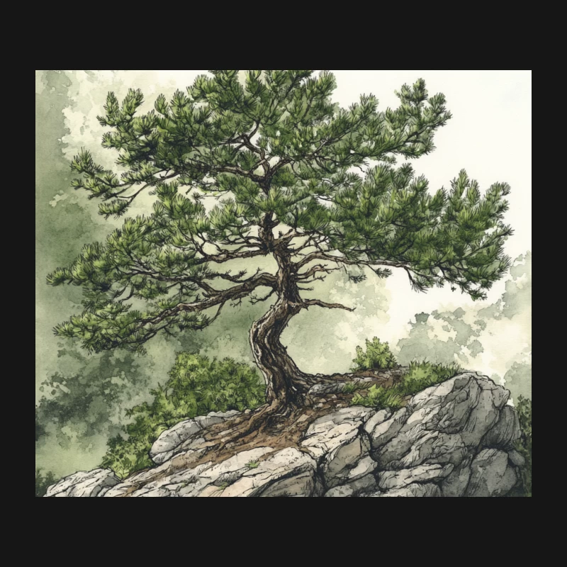 Weathered Pine on Rocky Outcrop: A Serene Watercolor Landscape Mouse Pad