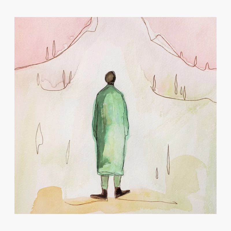 Solitary Figure in Green Coat Facing Mountain Landscape Throw Pillow