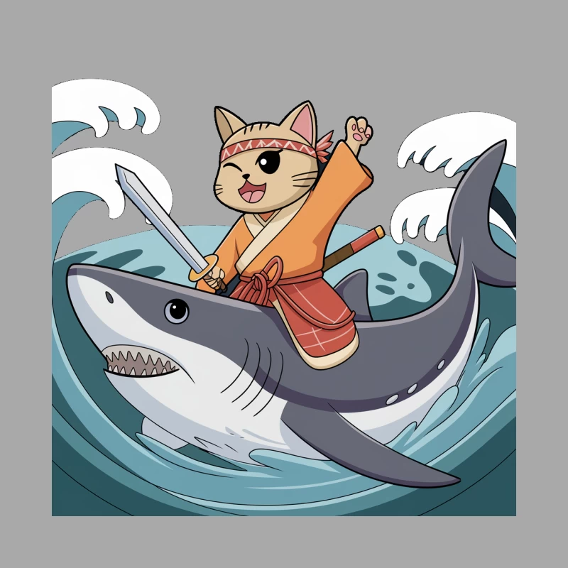 Samurai Cat's Shark-Riding Ocean Adventure Female Pullover Hoodie