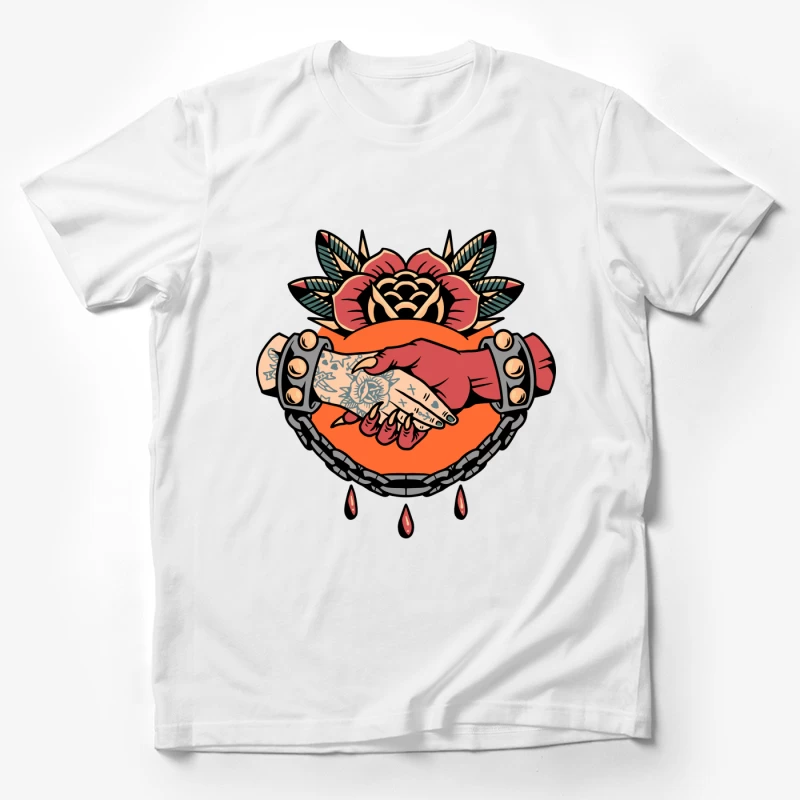 Symbolic Handshake Artwork with Floral and Chain Elements Male T-Shirt