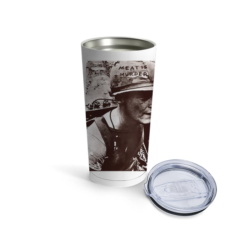 Vintage Activist Portrait with "Meat is Murder" Helmet Travel Mug