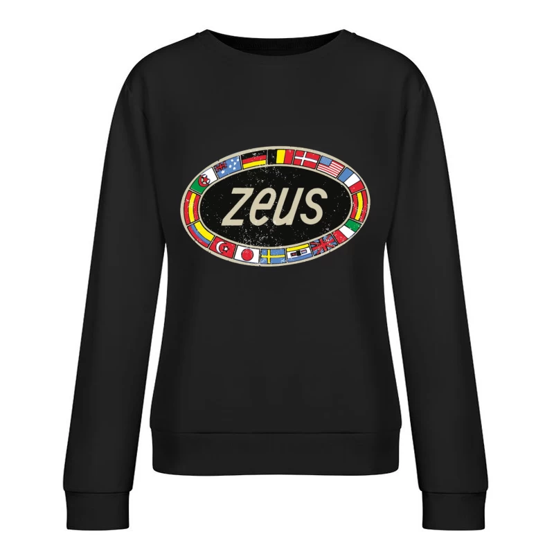 Zeus International Vintage Logo with National Flags Border Female Pullover Sweatshirt