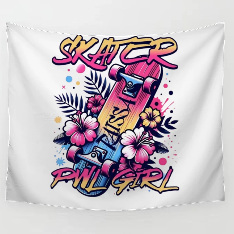 Tropical Skater Girl Typography with Floral Design Tapestry