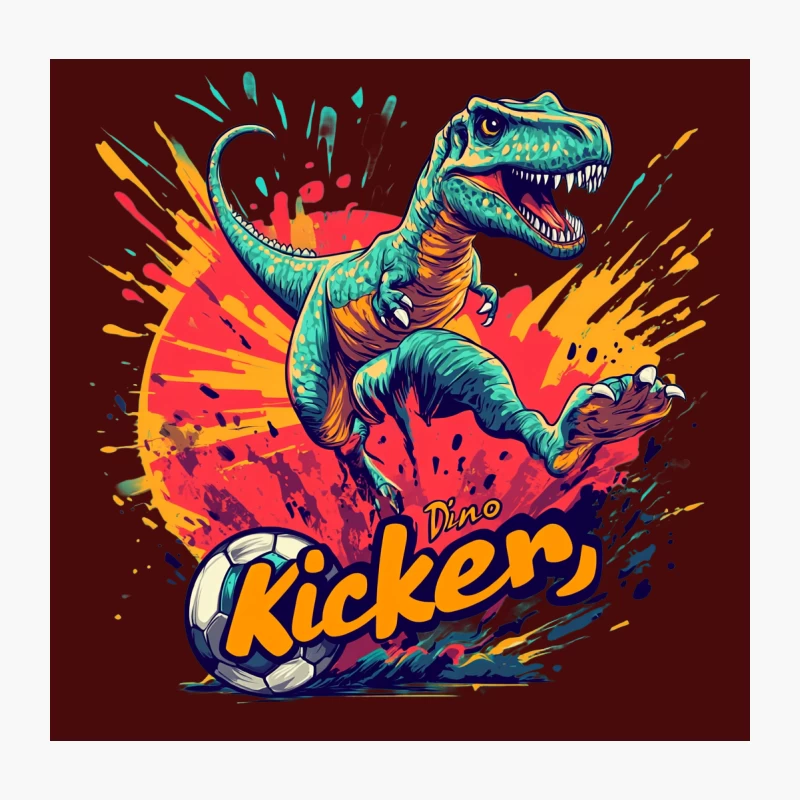 Colorful Cartoon T-Rex Kicking Soccer Ball Splash Illustration Throw Pillow