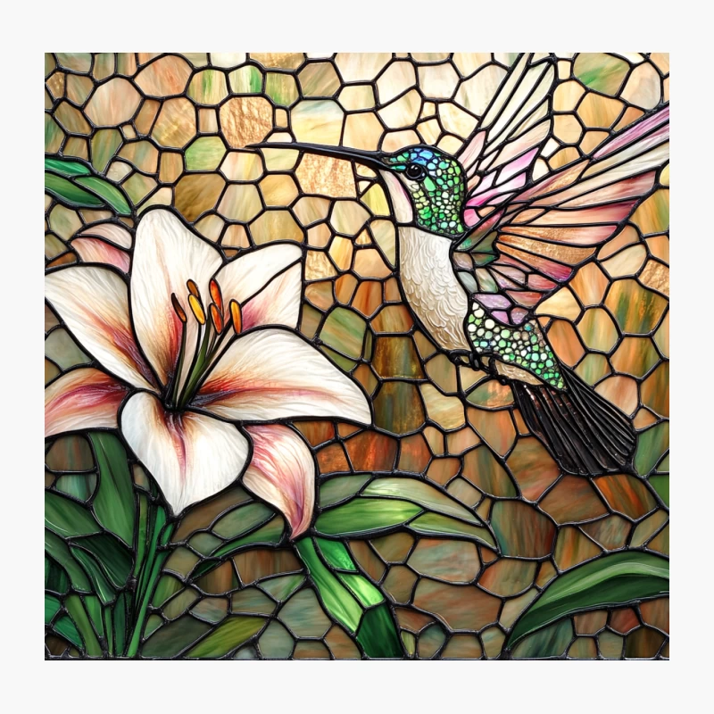 Stained Glass Hummingbird with Lily Mosaic Artwork Throw Pillow