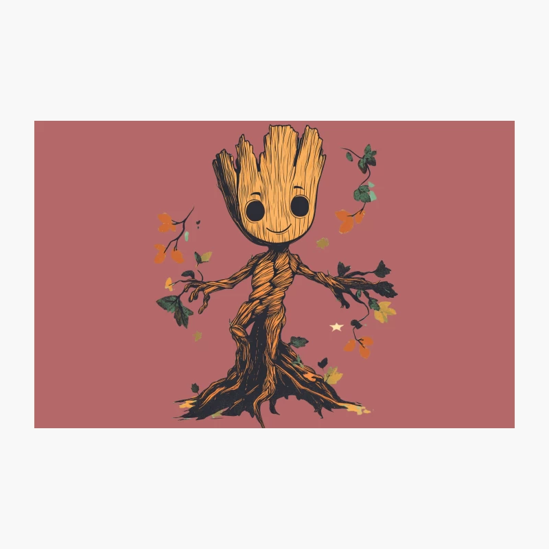 Adorable Groot Tree Character with Autumn Leaves Travel Mug
