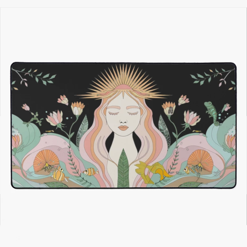 Mystical Nature Goddess: A Whimsical Floral Illustration Desk Mat