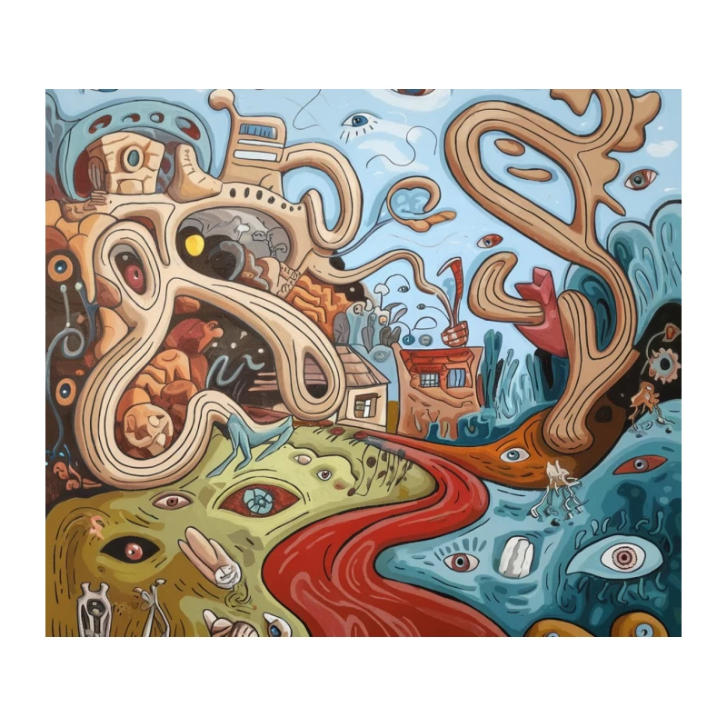 Surreal Psychedelic Dreamscape with Organic Shapes and Eyes Tapestry
