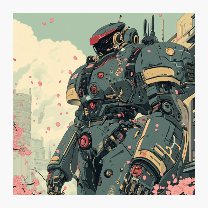Futuristic Mecha in Urban Cherry Blossom Scene Pin