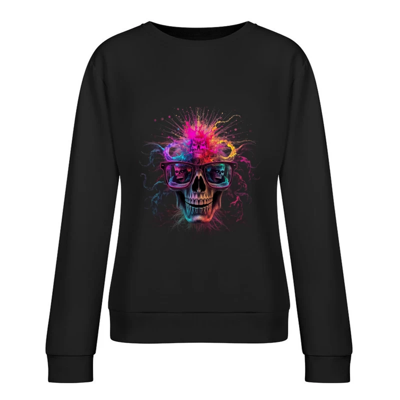 Psychedelic Skull with Reflective Sunglasses in Vibrant Colors Female Pullover Sweatshirt