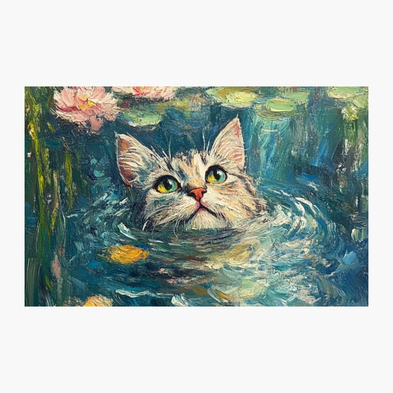 Whimsical Cat in Monet's Water Lily Pond Travel Mug