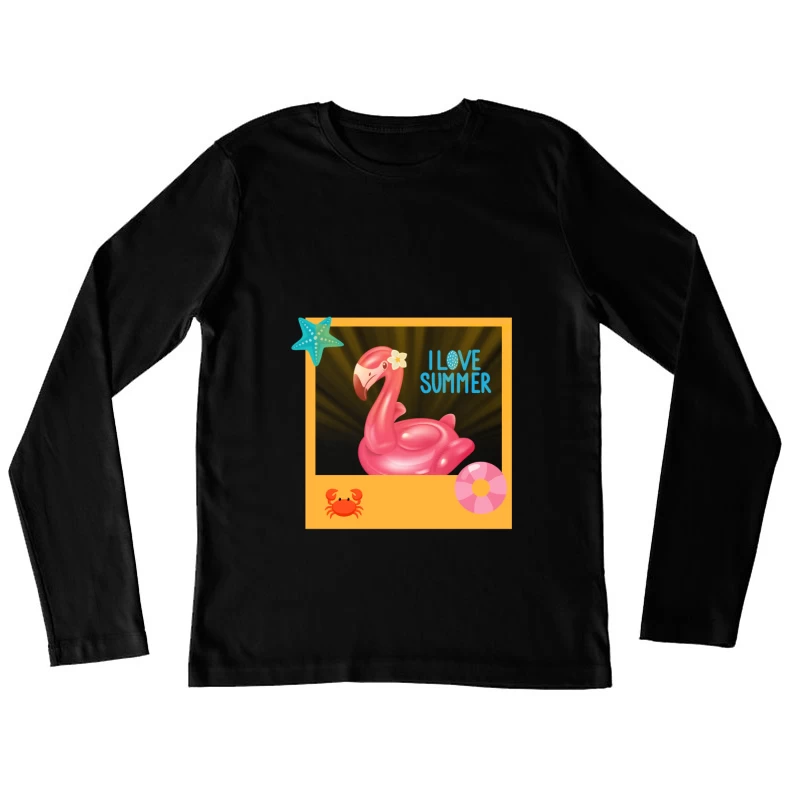 Cool Pink Flamingo with Sunglasses on Beach Female Long Sleeve T-Shirt