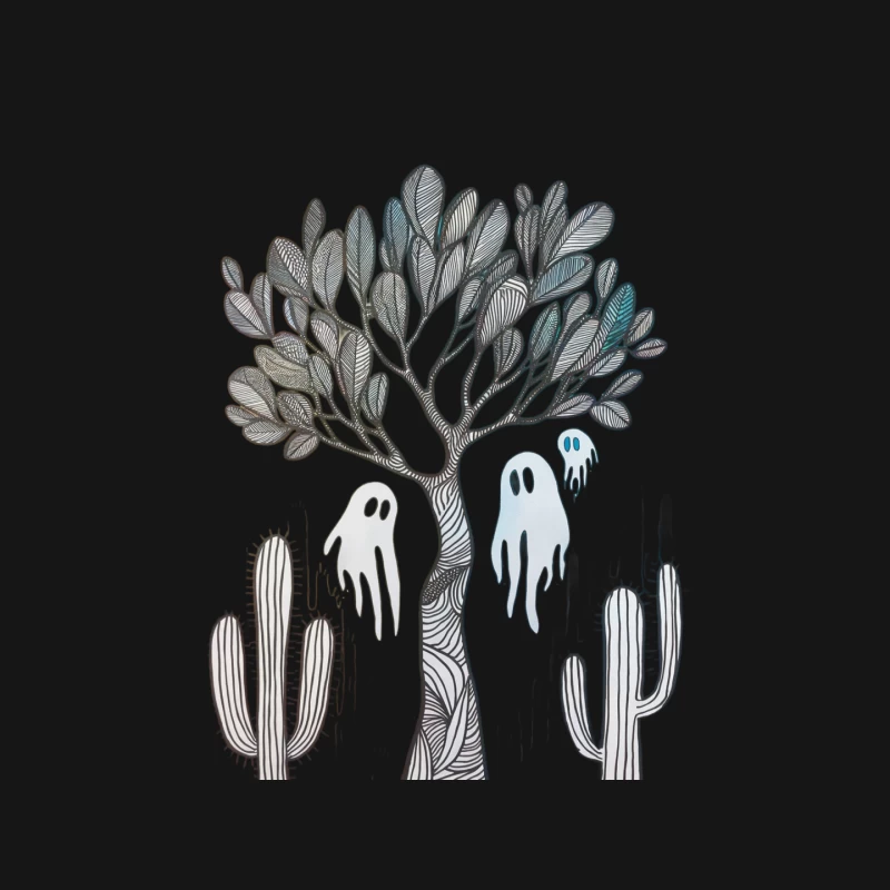 Whimsical Nature: Abstract Tree with Ghosts and Cacti Mouse Pad
