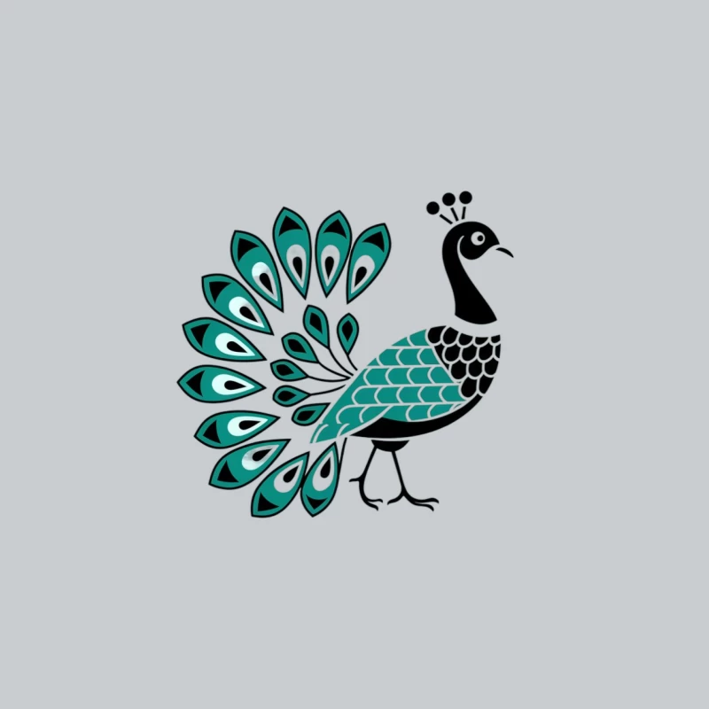 Stylized Geometric Peacock Illustration in Teal and Black Baseball Cap
