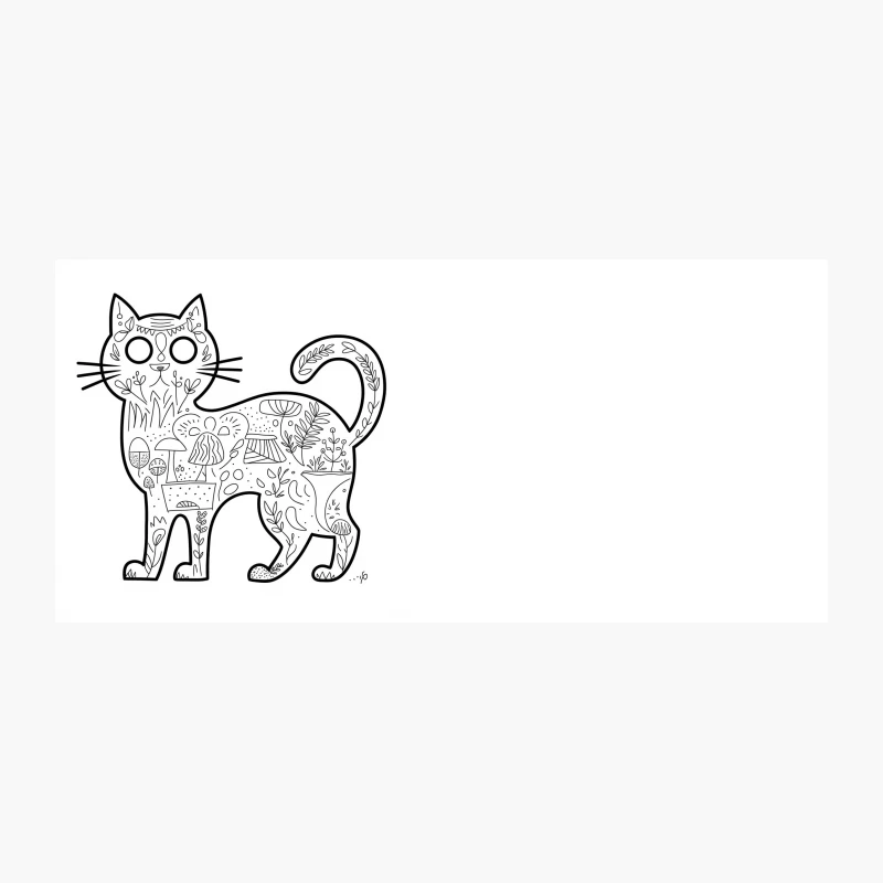 Whimsical Folk Art Cat Coloring Page with Nature Elements Coffee Mug
