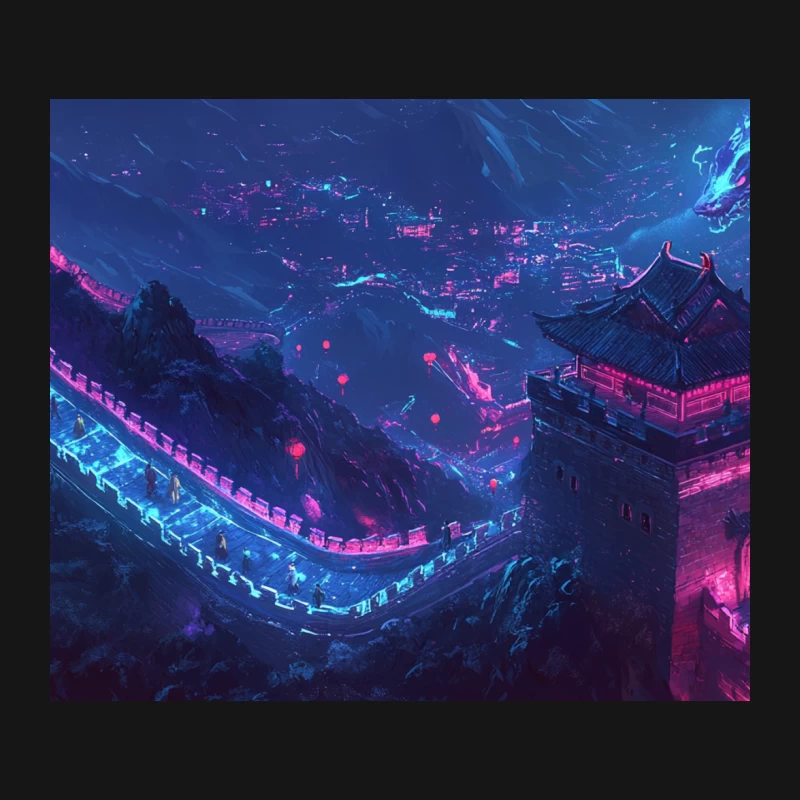 Mystical Neon Great Wall: A Fantasy Night Landscape Mouse Pad