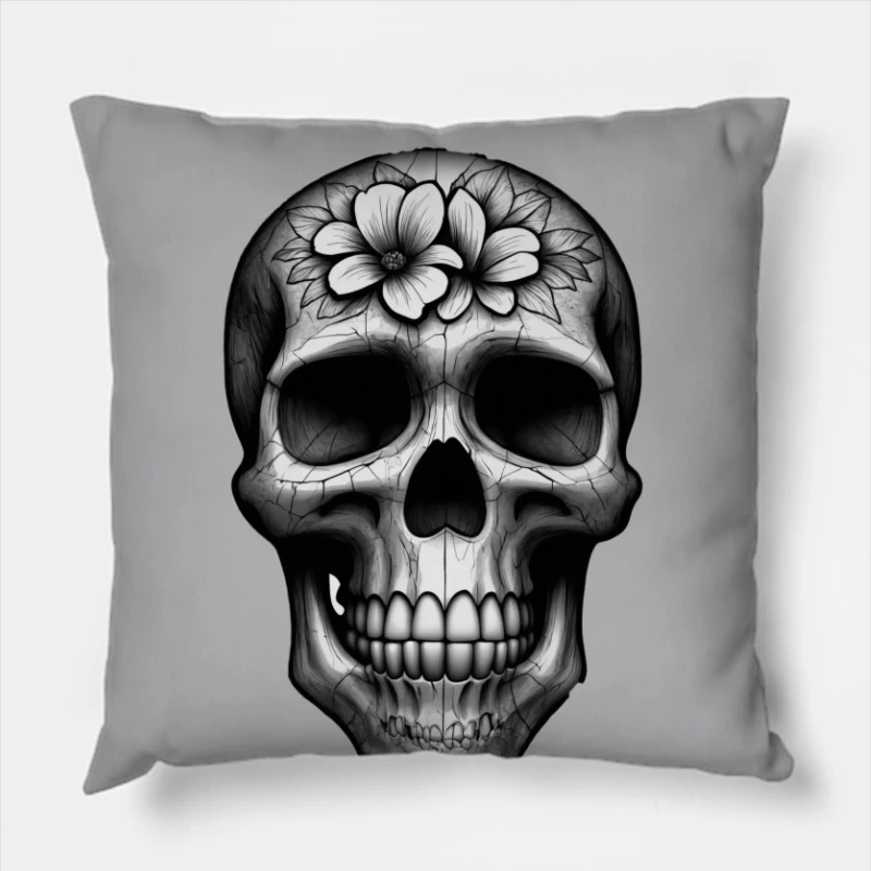 Floral Skull Illustration Throw Pillow