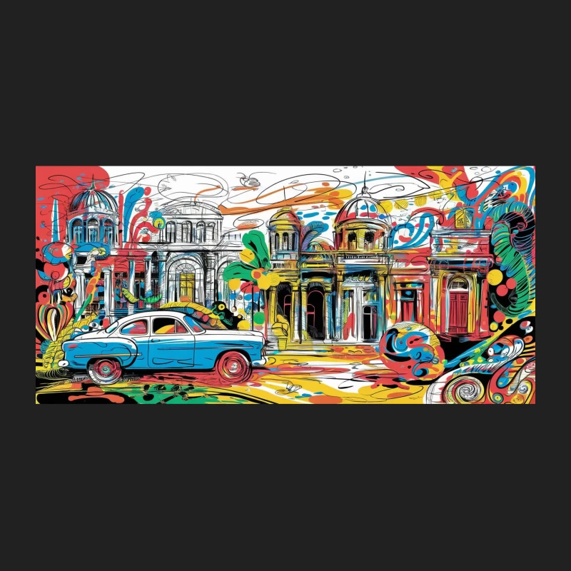 Vibrant Abstract Cityscape with Vintage Car and Architectural Elements Bucket Hat