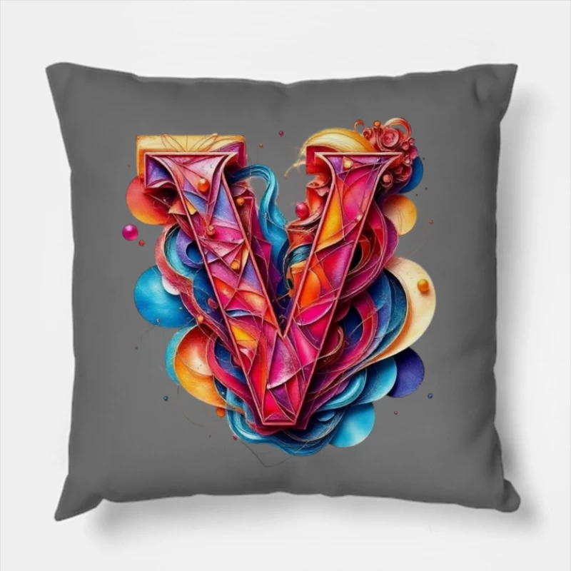 Vibrant Geometric Letter V with Abstract Swirls Throw Pillow