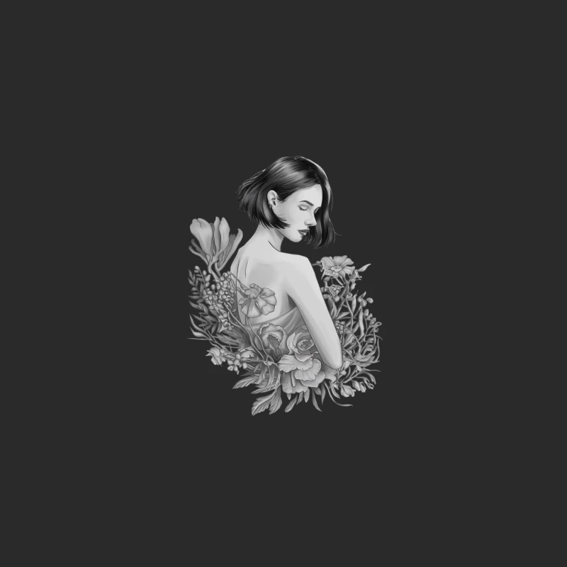Artistic Black and White Portrait of Woman with Floral Elements Baseball Cap