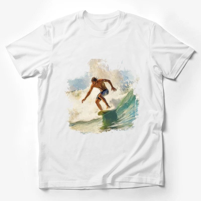 Dynamic Watercolor Surfer Riding Turquoise Wave Male T-Shirt