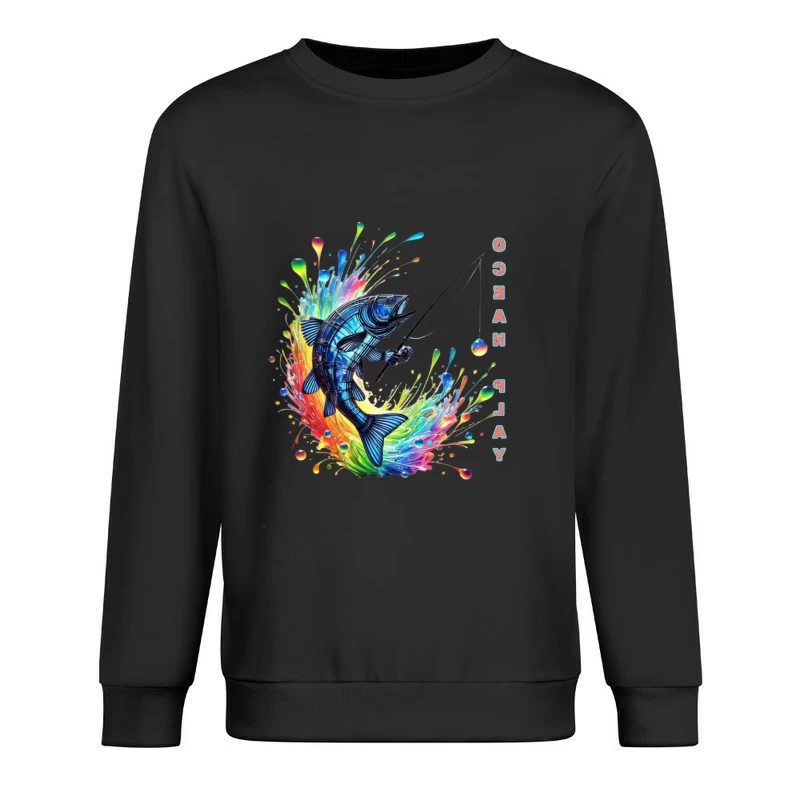 Rainbow Fish Splash: Artistic Fishing Adventure Male Pullover Sweatshirt