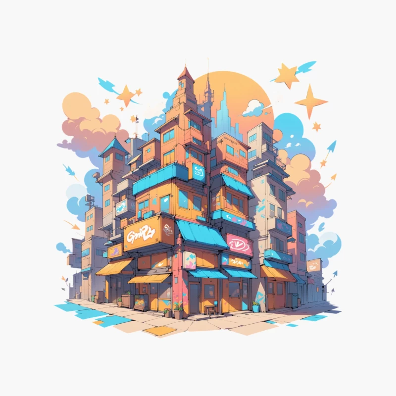 Colorful Urban Cityscape in Cartoon Style Cotton Tote Bag