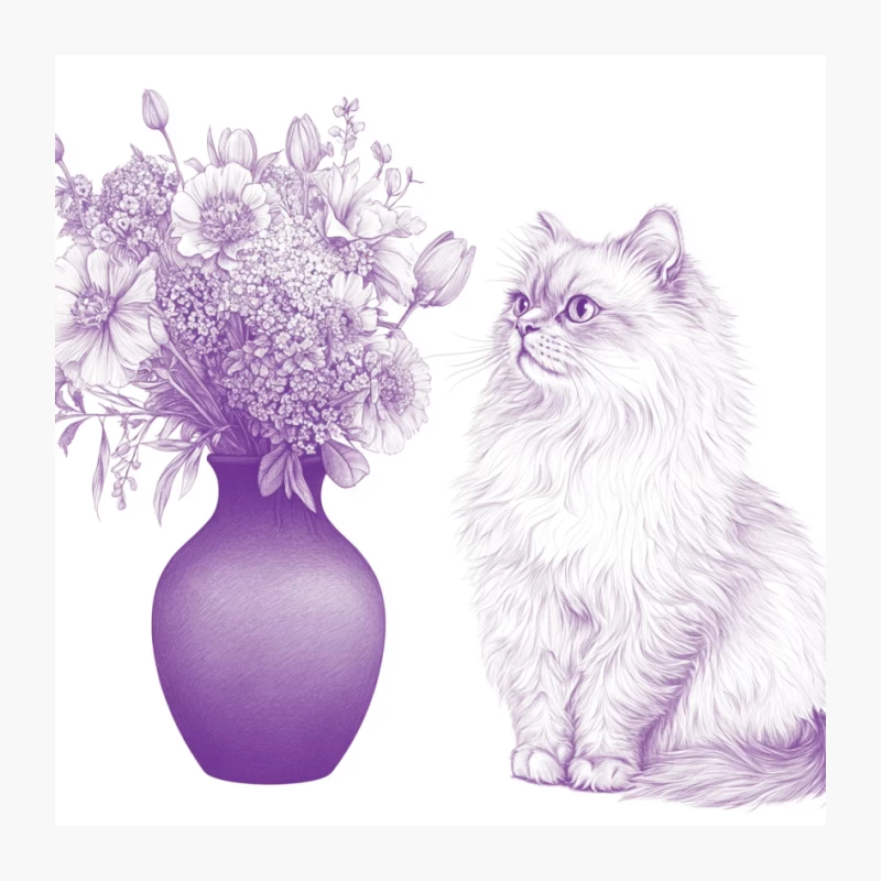 Purple Artistic Illustration of Long-Haired Cat with Flower Vase Pin