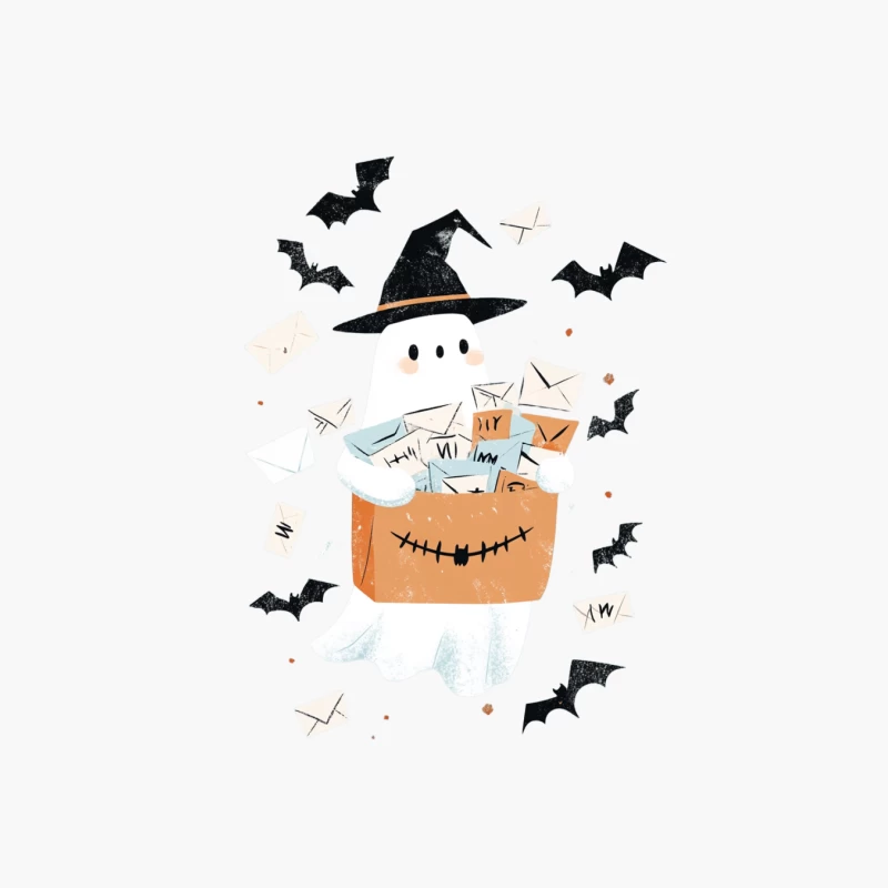 Cute Halloween Ghost with Mail and Bats Illustration Cotton Tote Bag