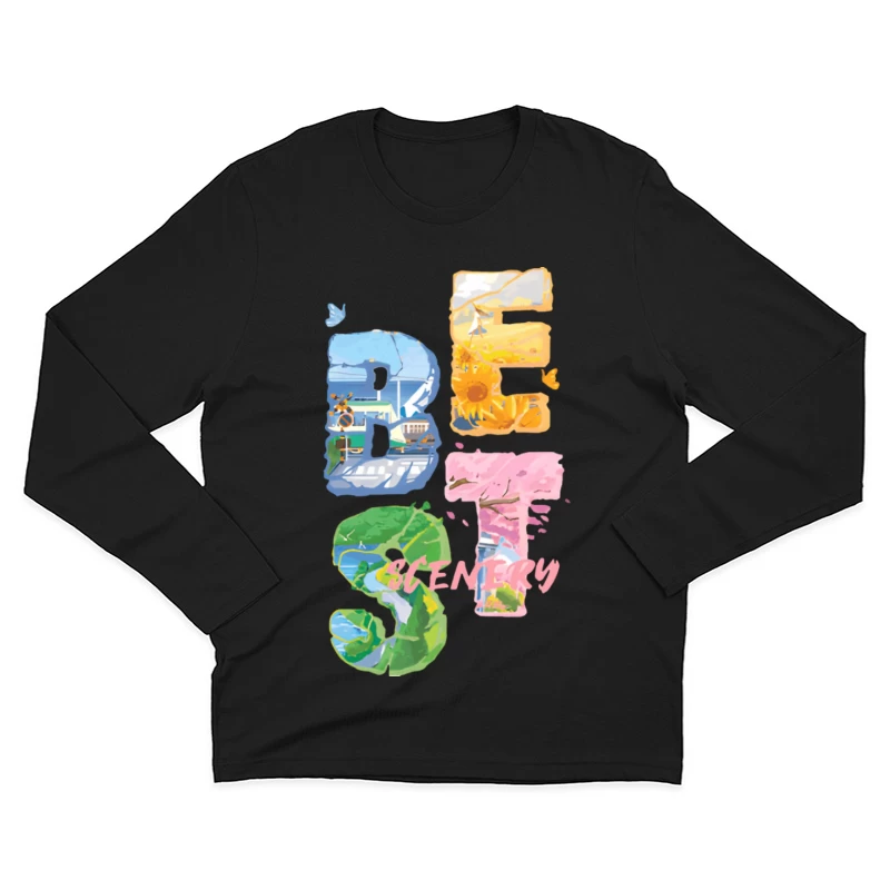 Bunte Landschaftsgrafik Herren Langarm T-Shirt