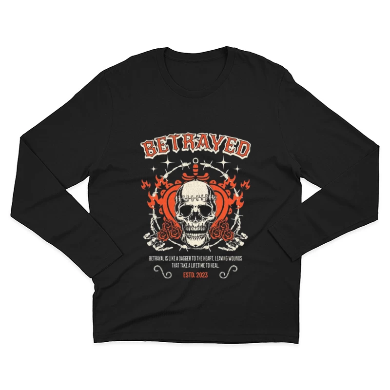 Vintage Gothic Skull with Roses and Betrayed Typography Design Male Long Sleeve T-Shirt