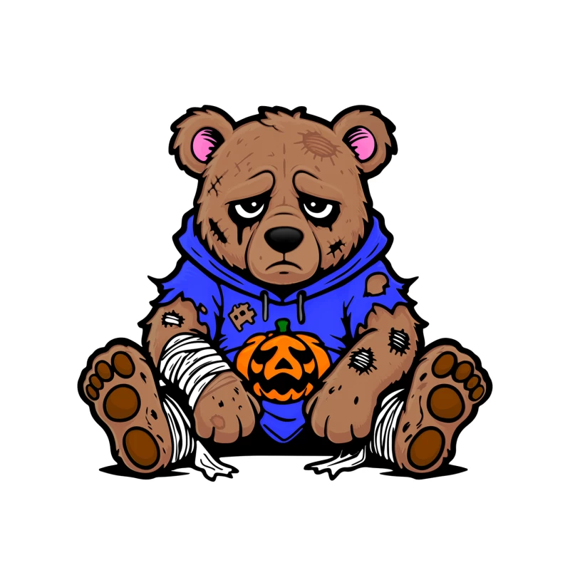 Sad Injured Teddy Bear in Blue Hoodie with Halloween Pumpkin Mouse Pad