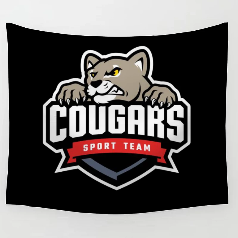 Fierce Cougar Sports Team Logo with Red Banner Tapestry