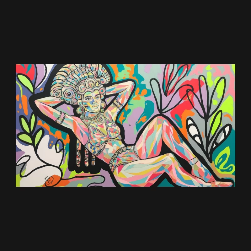 Vibrant Pop Art: Colorful Female Figure in Abstract Surreal Landscape Desk Mat