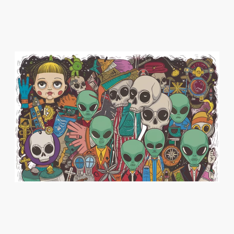 Surreal Alien and Skull Pop Art Doodle Travel Mug