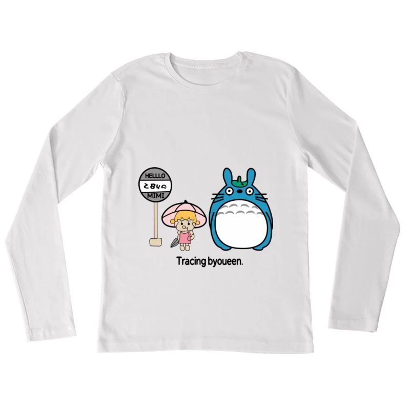 Niedliches Zeichentrickdesign mit Regenschirmmädchen und blauem Tier Damen Langarm T-Shirt