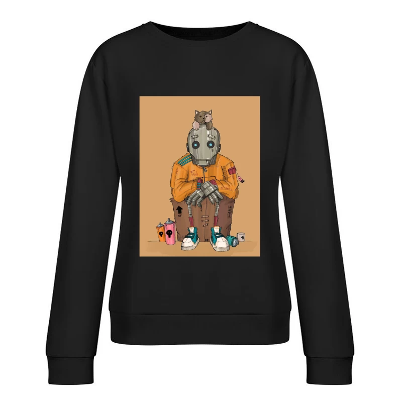 Urban Robot with Cat in Street Art Style Female Pullover Sweatshirt