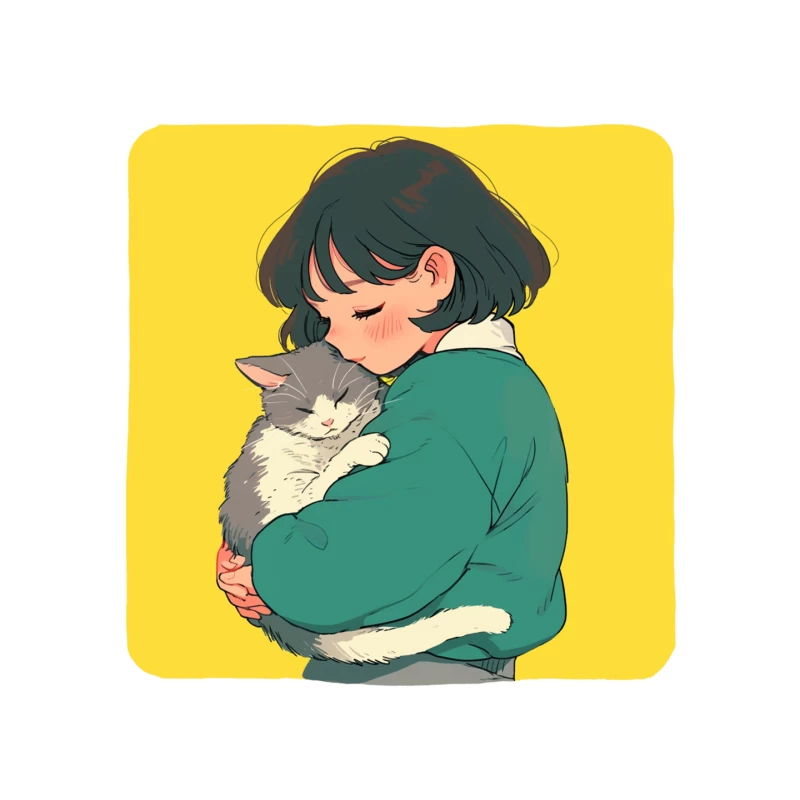 Gentle Embrace: Girl in Green Cuddling Gray Cat Mouse Pad