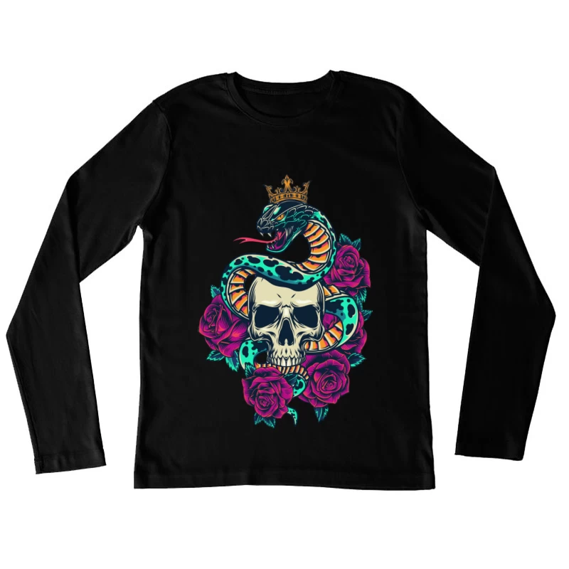 Schlange und Totenkopf mit Rosen Damen Langarm T-Shirt
