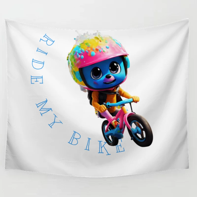 Cute Blue Animated Character Riding Colorful Bike with Safety Helmet Tapestry