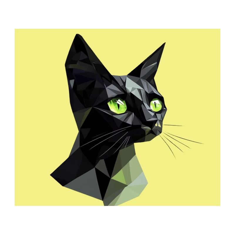 Geometric Black Cat with Green Eyes: Modern Digital Art Tapestry