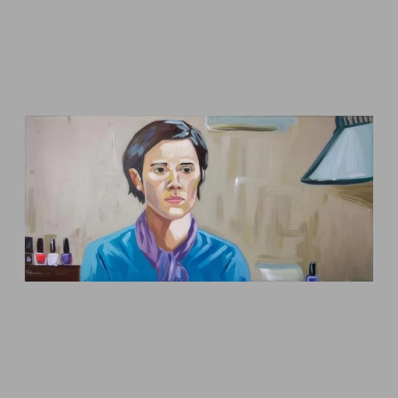 Artistic Portrait of Woman in Blue with Purple Scarf Female Pullover Hoodie