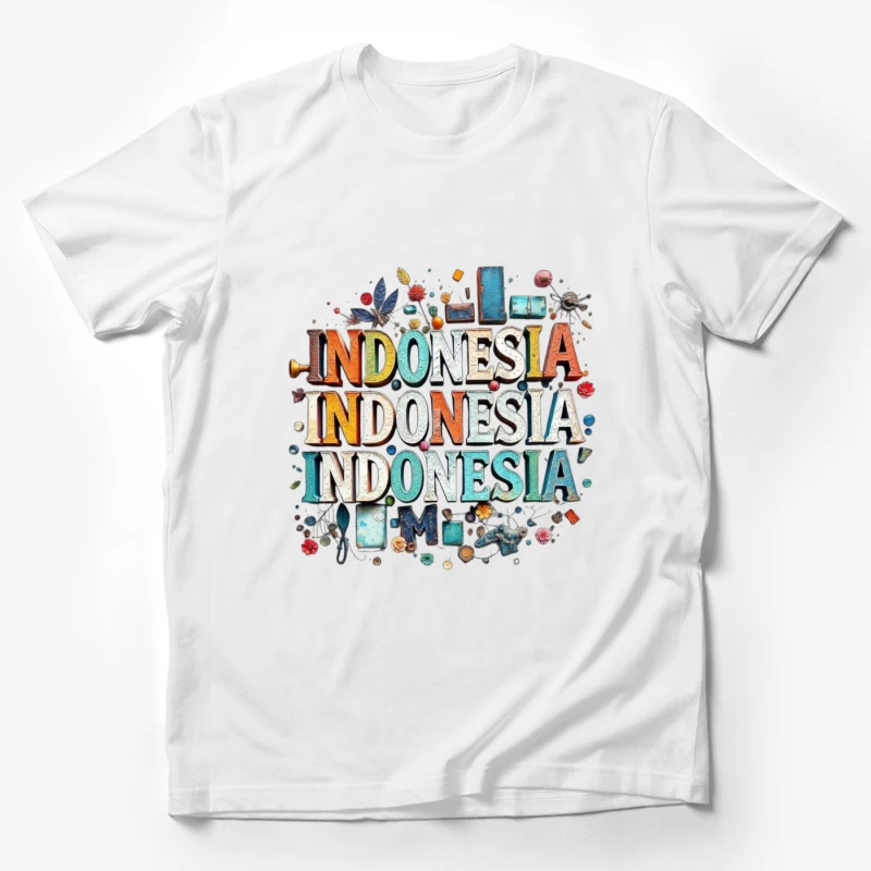 Artistic Typography Design of Indonesia with Colorful Decorative Elements Male T-Shirt