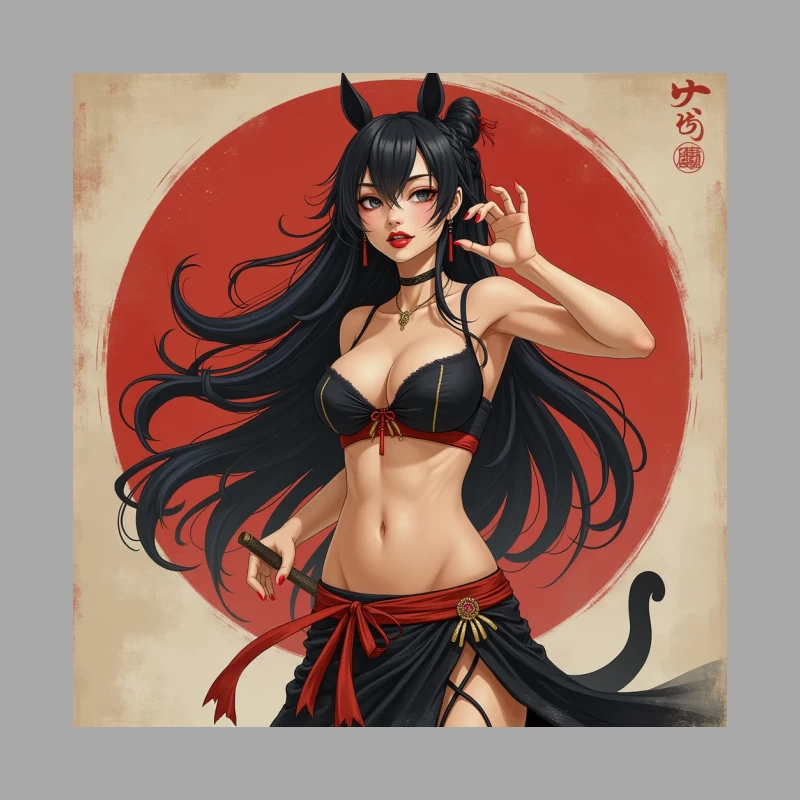 Seductive Anime Cat Girl with Red Circle Background Female Pullover Hoodie
