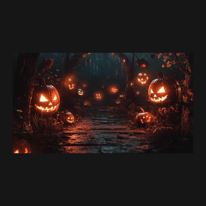Eerie Halloween Path Through a Spooky Forest with Glowing Jack-o'-Lanterns Desk Mat